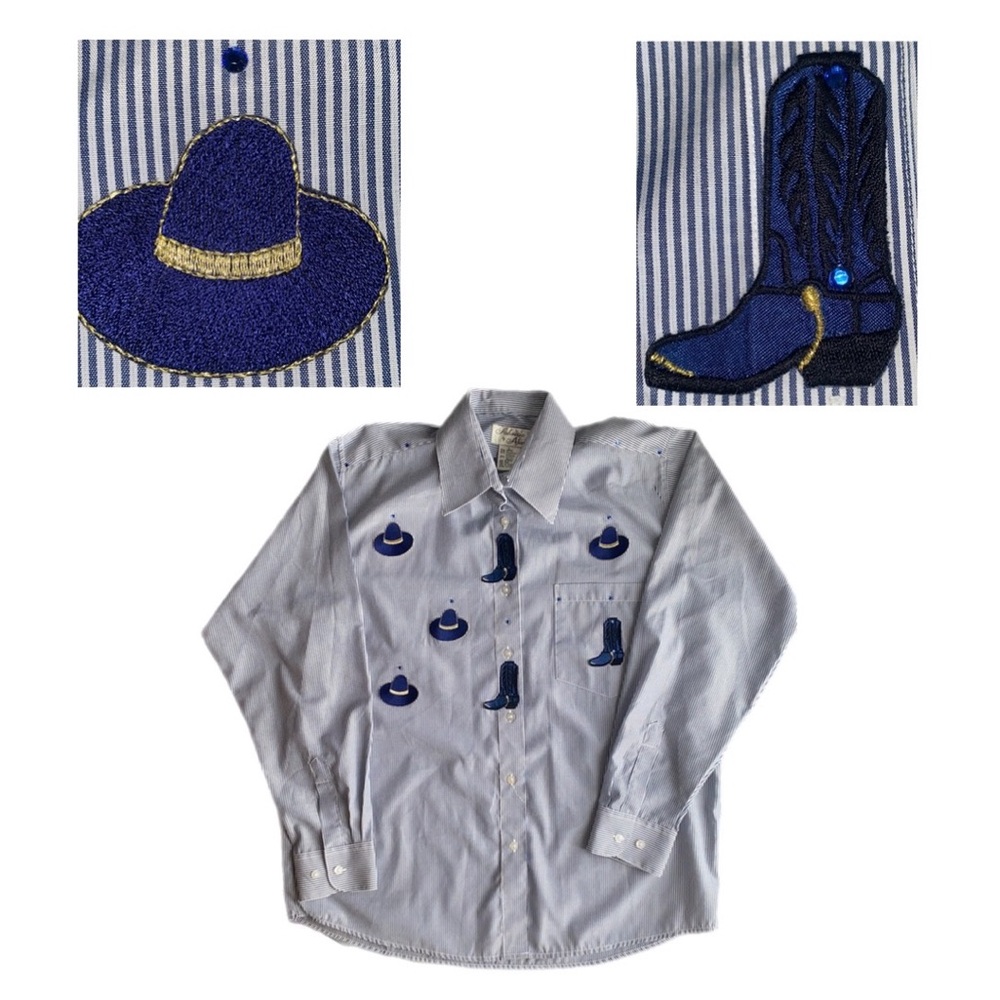 Vintage Western Style Women's Striped Blouse - Cowboy Hats & Boots Pattern - L